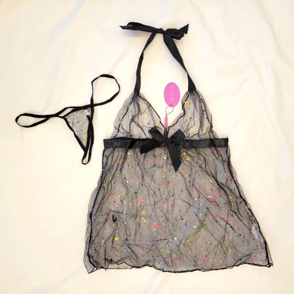 Avidlove metallic colorful stars sheer halter top and thong set size large